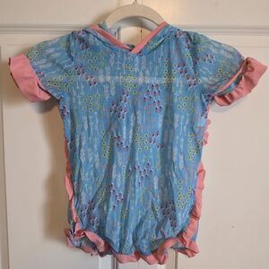 Girls' Pink & Blue Ruffle floral sheer hooded Swim Coverup